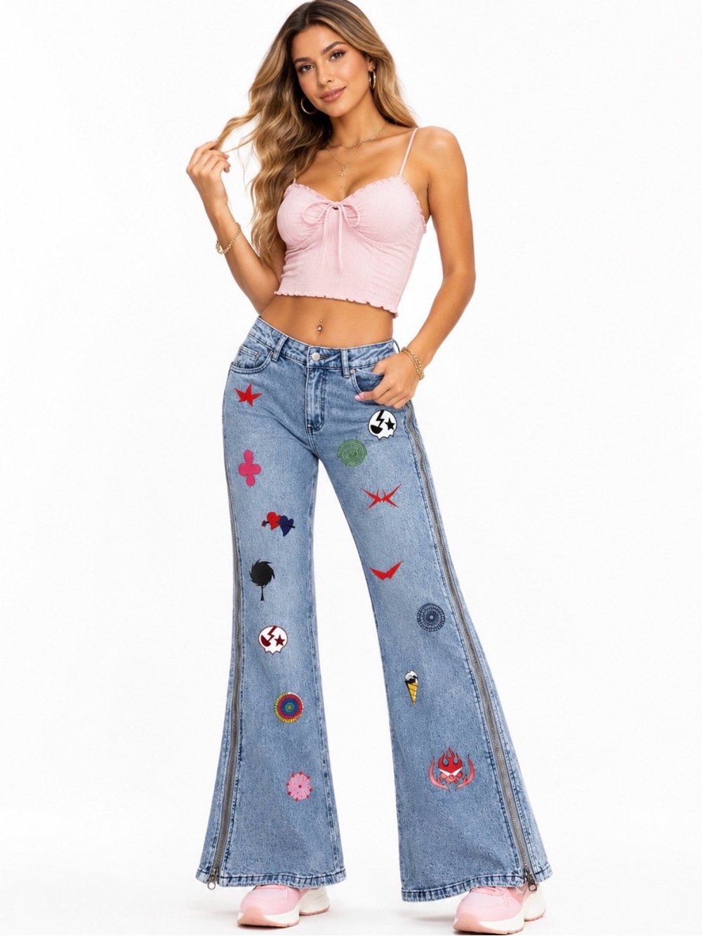 VEES Y2K Patchwork Flare Jeans Side Zipper Bell Bottom High Rise Festival